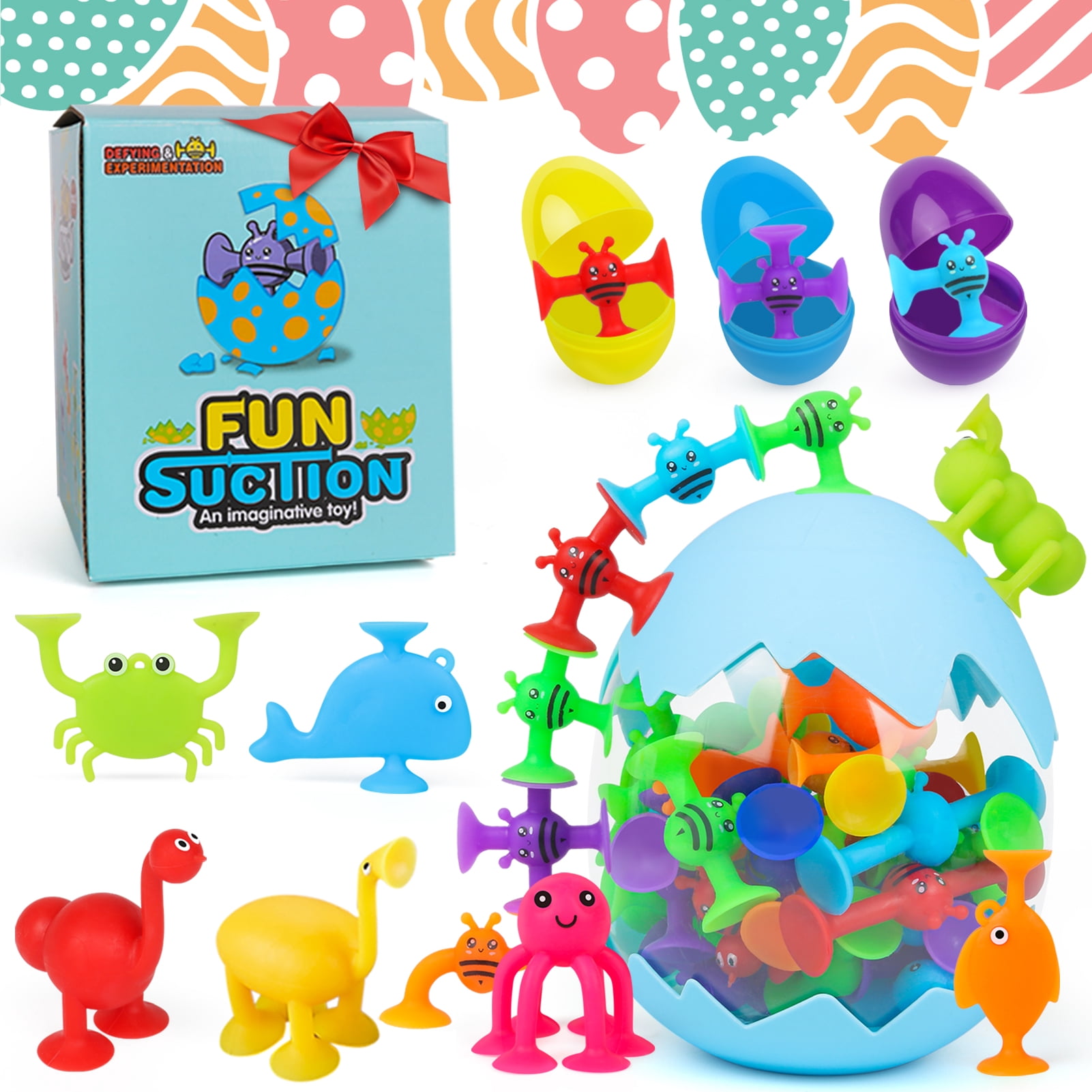 Easter Egg Stuffing Suction Toys for Baby, 40PCS Silicone Suction Cup Animal with Dinosaur Eggshell Storage, Toddler Stress Release Sensory Toys, Easter Basket Filling Gift for Boys Girls Age 1-3