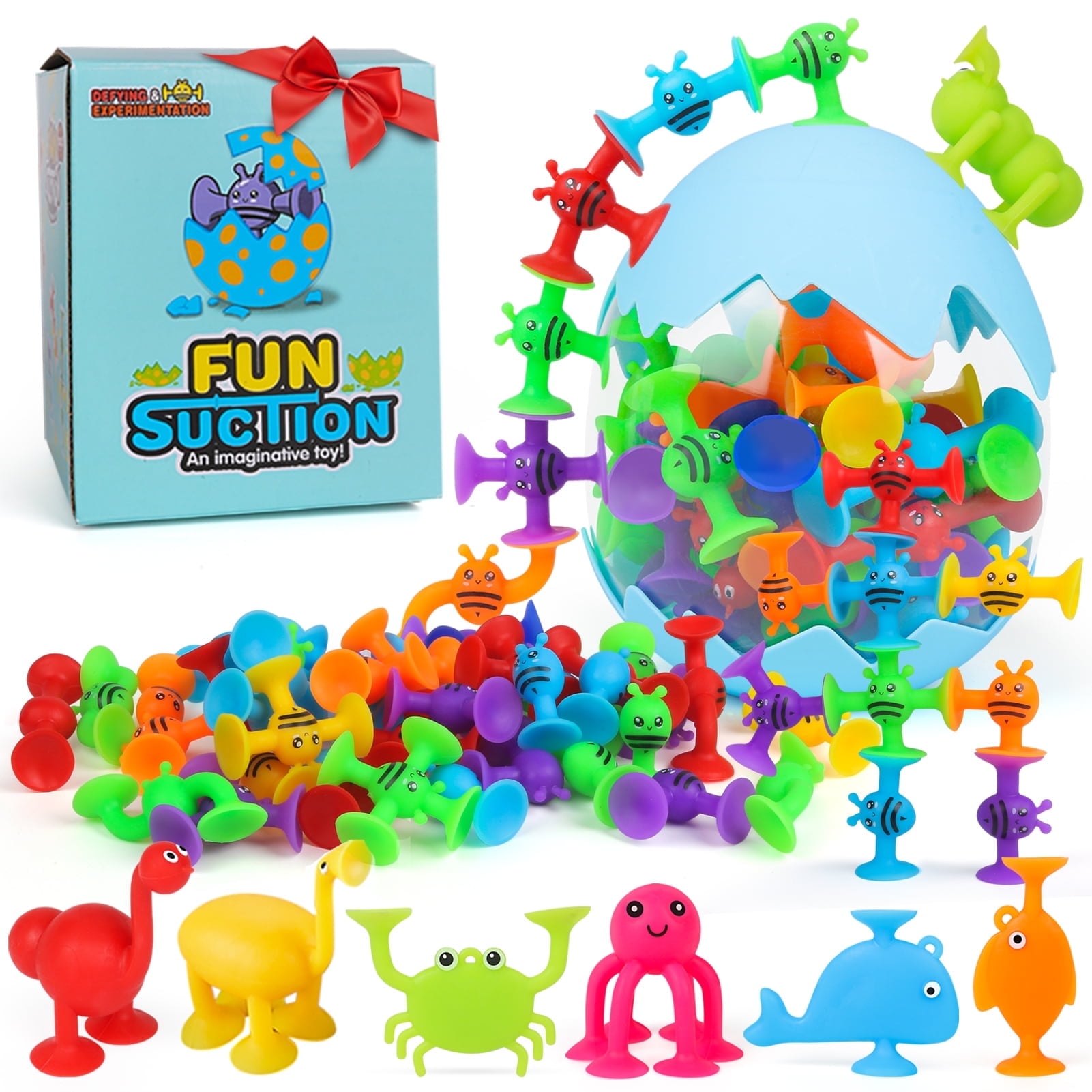 Bath Suction Toys for Baby, 40PCS Silicone Suction Cup Animal with Dinosaur Eggshell Storage, Toddler Stress Release Sensory Toys, Easter Basket Filling Gift for Boys Girls Age 3-6