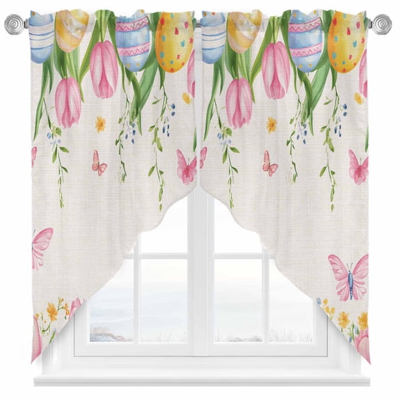 Easter Egg Swag Kitchen Curtain Valances, Country Spring Pink Blue Tulip Floral Butterfly Linen Texture Rod Pocket Curtains Window Treatment Valances for Bedroom Bathroom, 2 Panels 28 x 36 Inch