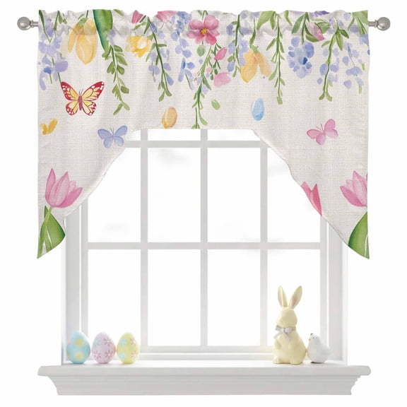 Easter Egg Swag Valances for Kitchen Window, Watercolor Spring Pink Yellow Purple Floral Butterfly Linen Texture Small Swag Valances Rod Pocket Curtain Drapes Window Treatment for Bedroom 56x36 Inch