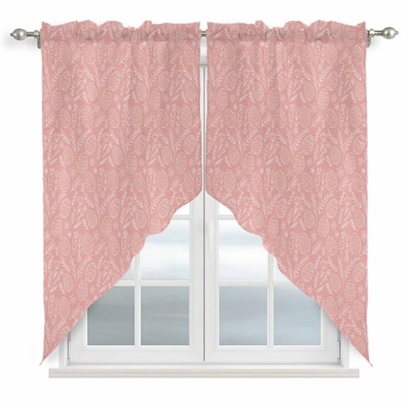Easter Egg Swag Valances for Windows, Kitchen Curtains 36 Inch Length 2 Panels Set, Pink Flowers Leaves Line Hand-draw Short Curtains for Small Windows Rod Pocket Cafe Curtains Drapes 28"x36"