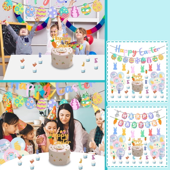 Easter Egg Themed Party Decoration, Hanging Flag Raising Set With Bunny, Carrot & Macaron Color Elements - Includes Happy Easter Letter Flag, Balloons, Cake Toppers, Cupcake Picks