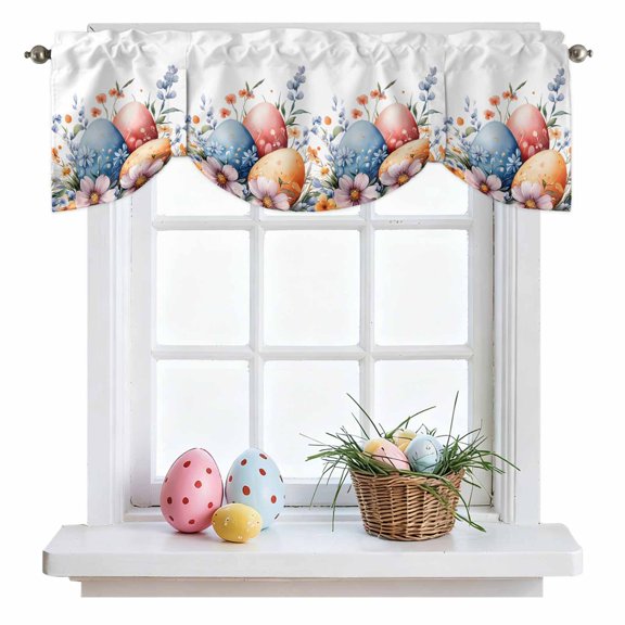 Easter Egg Tie Up Valances Curtain, Watercolor Red Orange Blue Egg Spring Purple Blue Floral Leaf Adjustable Rod Pocket Short Window Treatment Tie Up Curtains for Kitchen Living Room 42x12 In