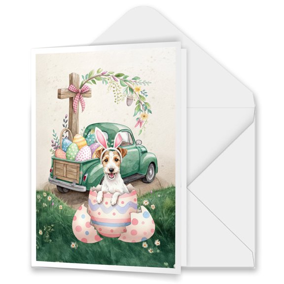 Easter Egg Toy Fox Terrier Bunny Ear Welcome Spring Truck 5x7in Folded Greeting Card Dog Lover Single Note Card with Envelope - 12002