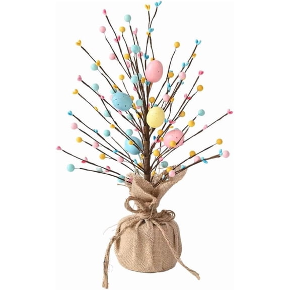 Easter Egg Tree Decoration – 17.72IN Artificial Easter Tree with Colorful Eggs, Spring Home Décor for Easter Party, Living Room, Bedroom, Kitchen, Outdoor Garden – Festive Holiday Decoration (Burlap)