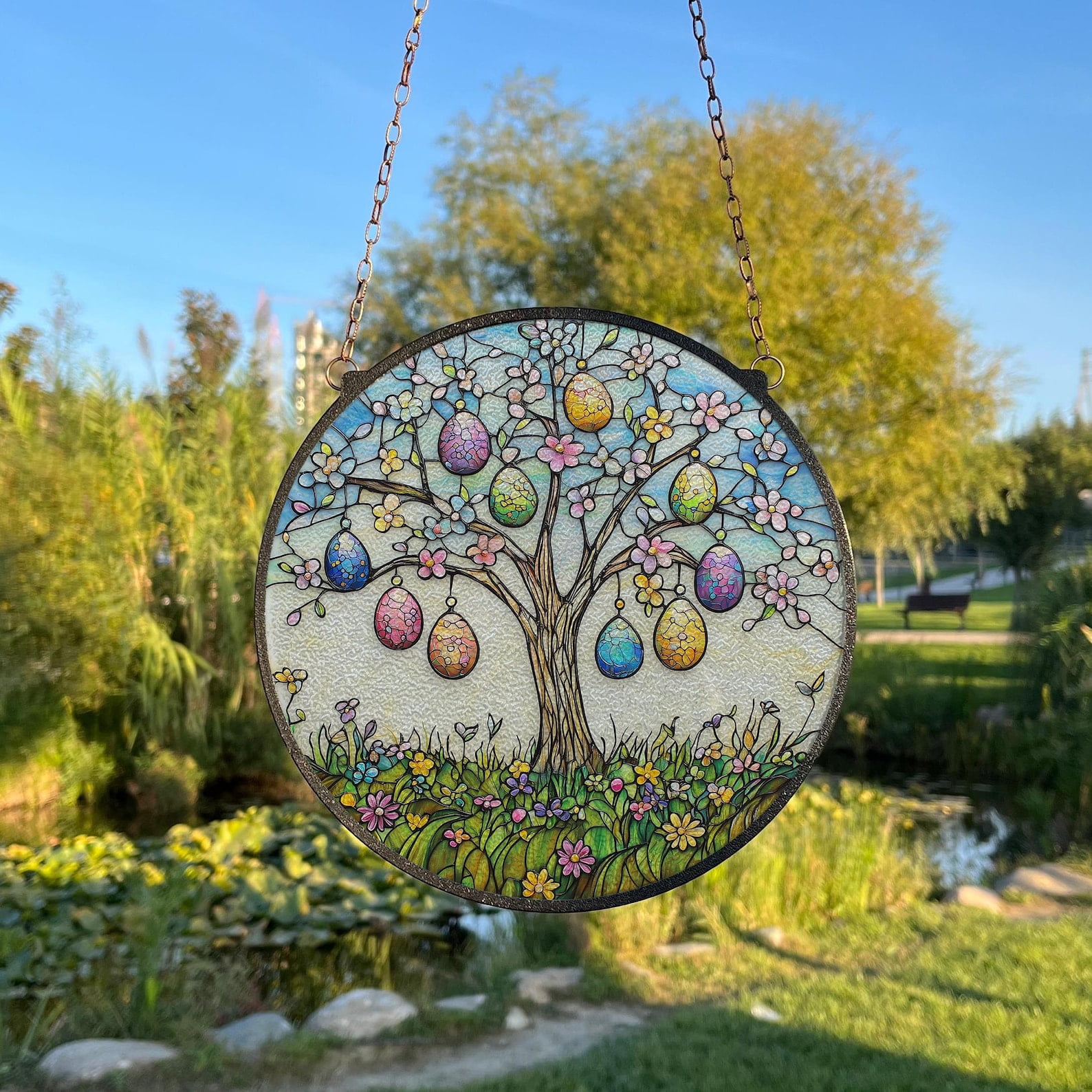 Easter Egg Tree Painted Stained Glass Suncatcher, Easter Tree Window