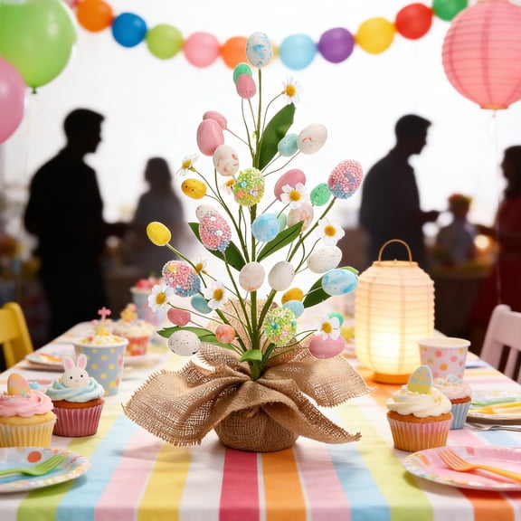 Easter Egg Tree Planter - Colorful Mini Egg Tree in Decorative Pot for Table Centerpiece, Mantel Display, Spring Home Decor & Festive Holiday Gift Idea