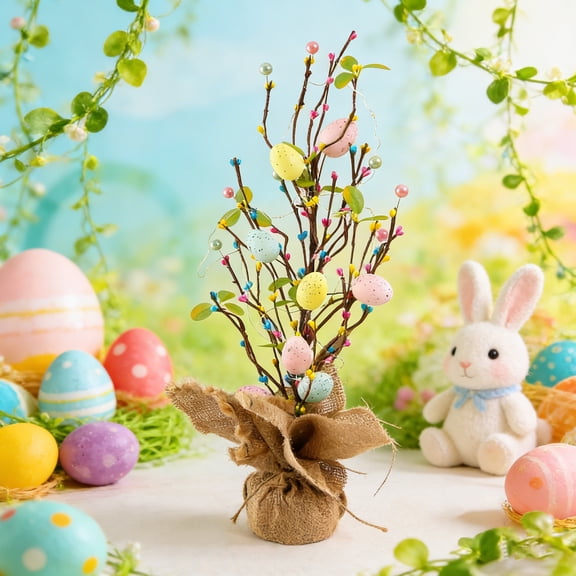 Easter Egg Tree with Lights | Potted Plants Holiday Decorations | Multicolor Plastic Easter Decor | 19.6 Inch Tabletop Centerpiece