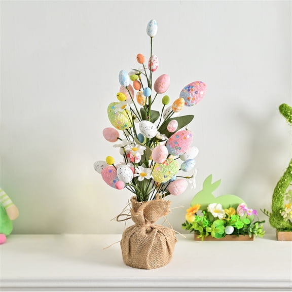 Easter Egg Tulip Tree Decorative Figurine, 1-Piece Artificial Floral Centerpiece With Jute Base For Home Tabletop Easter Decor