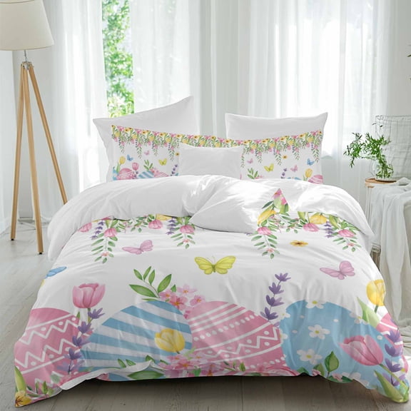 Easter Egg Twin Size Comforter Set, Easter Spring Tulip Flower Botanical Colorful Egg Bedding for All Seasons, 4 Pcs Bed Set, 1 Quiltcover (68"x86") ,1Sheet(67"x116"), 2Pillowcases (30"x20")
