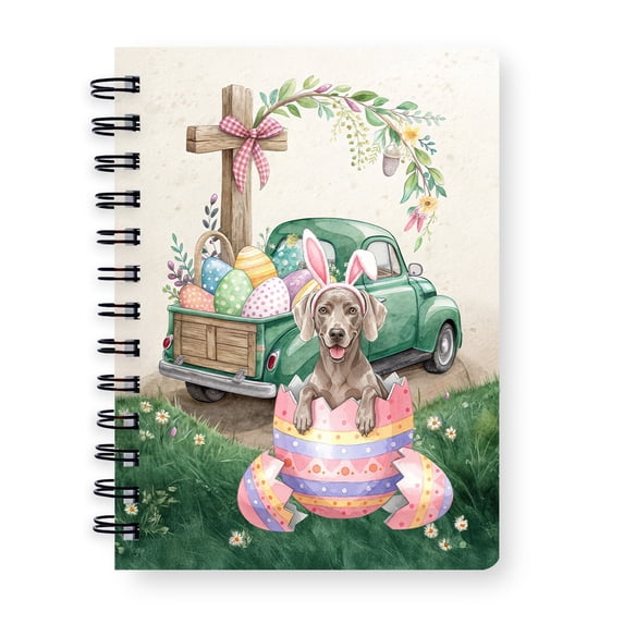 Easter Egg Weimaraner Bunny Ear Welcome Spring Truck Spiral Bound Journal Weim Gray Ghost Dog Lover 5x7in Spiral Notebook - 12002