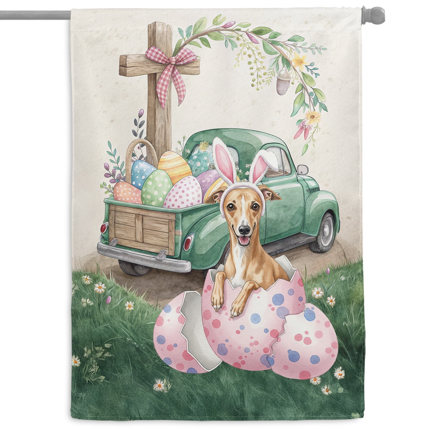 Easter Egg Whippet Bunny Ear Welcome Spring Truck House Flag 28x40in Double Sided Dog Lover Outdoor Decor - 12002