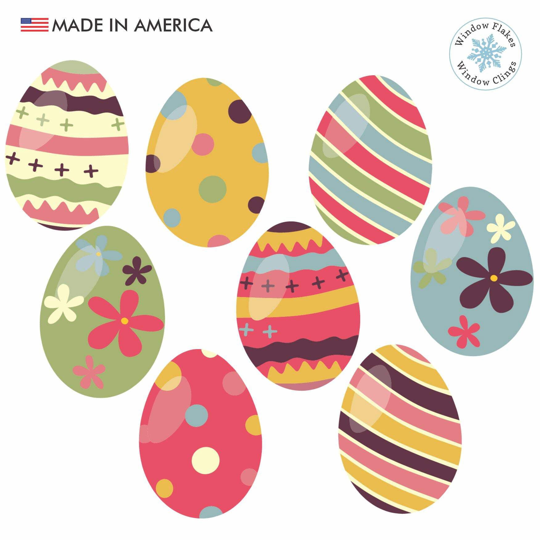 Window Flakes Double-Sided Boho Easter Egg Window Clings, Spring Floral Decals, 8x5, 8-Pack