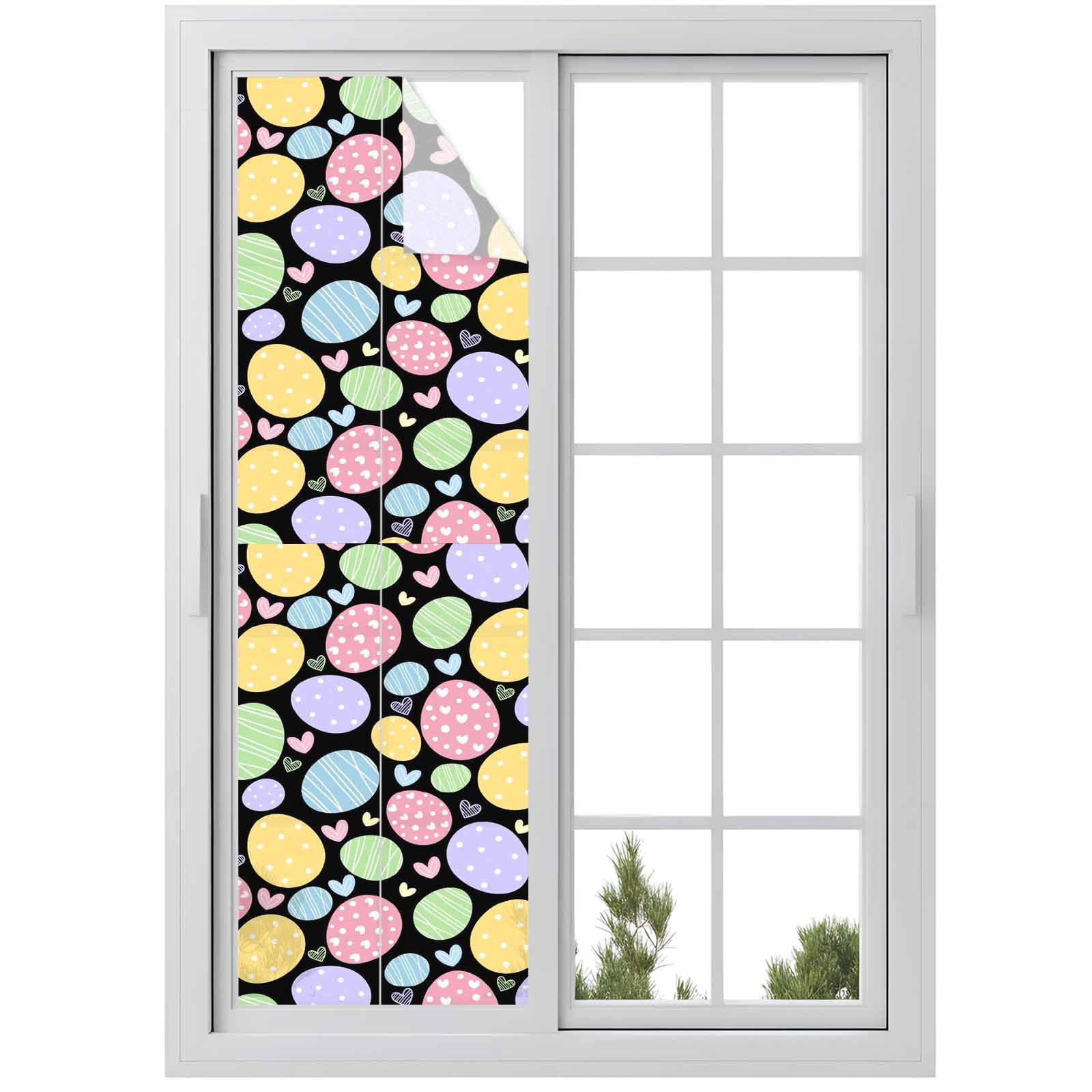 Easter Egg Window Privacy Film, Spring Cute Pink Yellow Green Blue Purple Egg Black Background Frosted Glass Window Clings Static Cling Heat Blocking Reusable Door Sticker for Bedroom 29.5x118 Inch