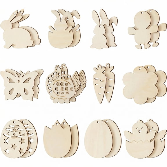 Easter Egg Wood Crafts to Paint Set, Easter Unfinished Wooden Craft for Painting, DIY Paintable Easter Bunny Cutouts Slices for Craft with Ropes