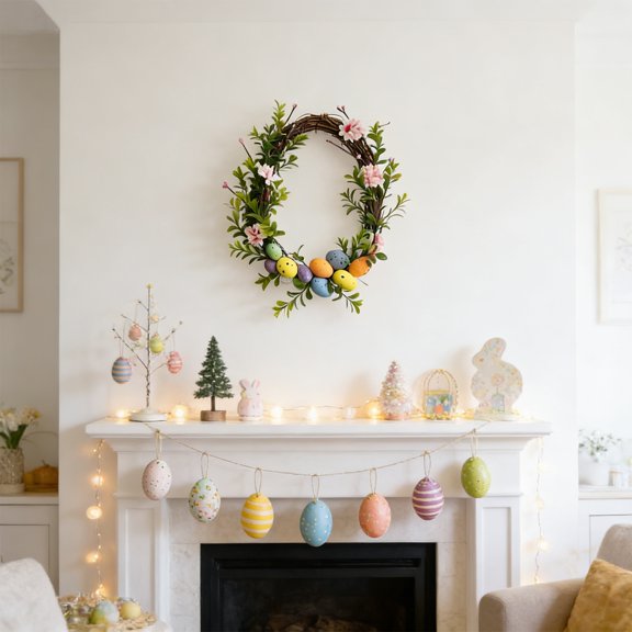 Easter Egg Wreath, 18*14 Inch Foam Egg Grass Woven Vine Ring, Home Front Door Hanging Decoration, Easter Party Table Centerpiece, Festive Indoor Outdoor Ornament