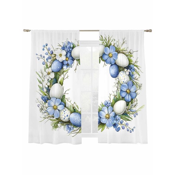 Easter Egg Wreath Sheer Curtains 2 Panels Set Watercolor White Blue Eggs Spring Green Blue Floral Leaf Sheer Window Curtains Light Filtering Rod Pocket Voile Drapes for Bedroom Living Room 52"X72"