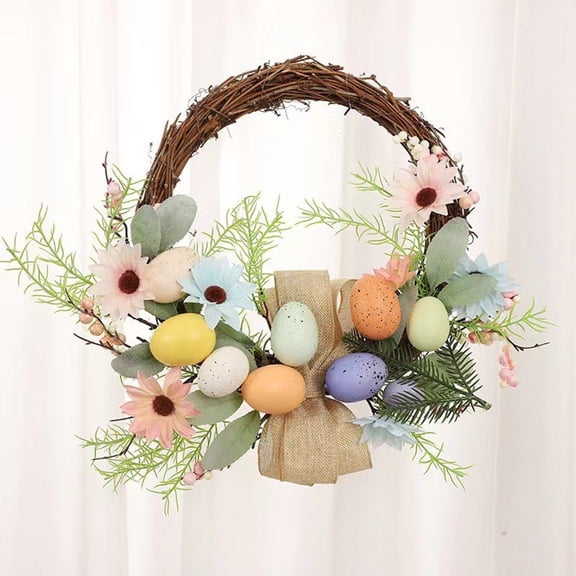 Easter Egg Wreath Simulation for Home Party, Door Hanging Decoration with Rattan Base