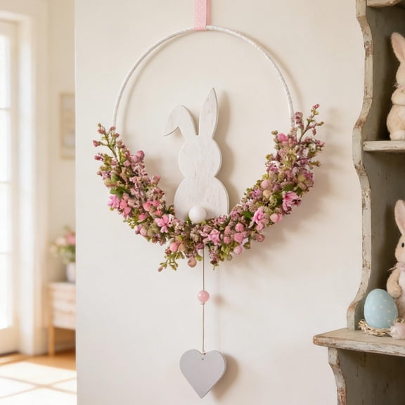 Easter Egg Wreath Wall Hanging 31cm, Plastic Simulation Mesh Wreath with Cute Playful Design and Invisible Rope, Spring Door Porch Fireplace Home Decoration