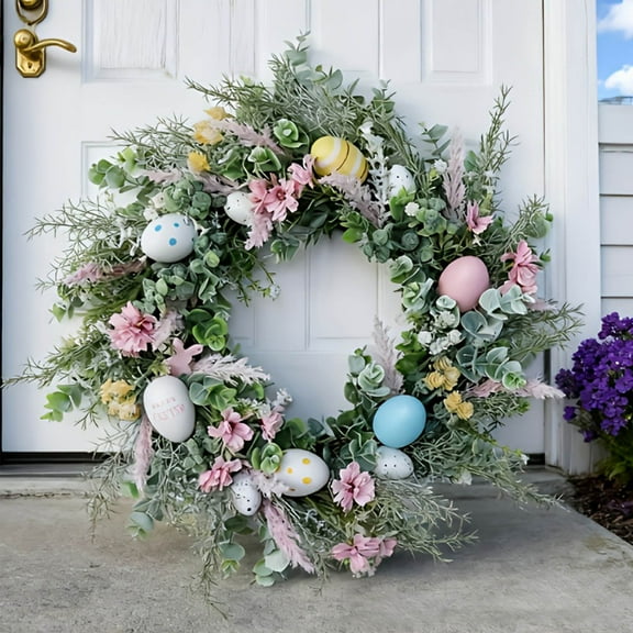 Easter Egg Wreath with Plastic Bunny, Spring Floral Door Decoration, Multicolor Holiday Wreath for Front Door, Garden Party Wall Art