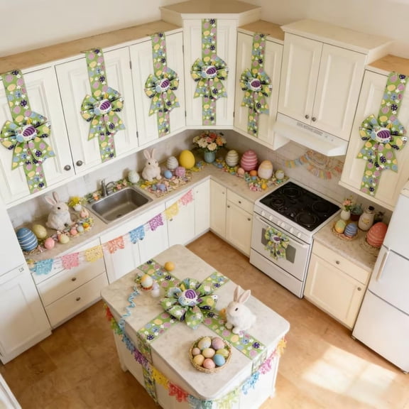 Easter Egg and Bow Cabinet Door Ties – Spring Bunny Ribbon Decorations for Kitchen Pantry Fridge Handles – Reusable No-Tie Decorative Bows