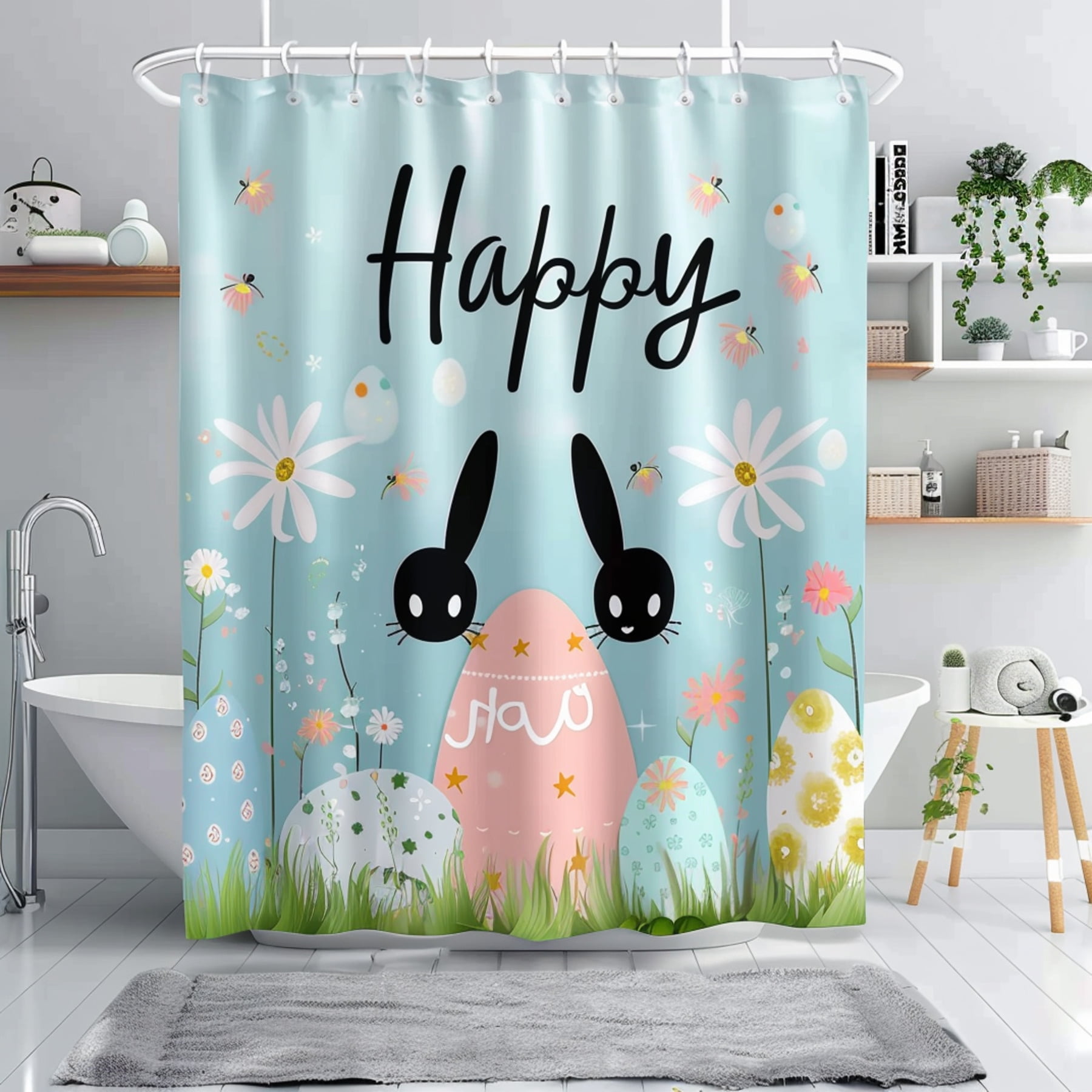 Easter Egg and Bunny Ears Shower CurtainHappy Easter ThemeColorful Eggs ...