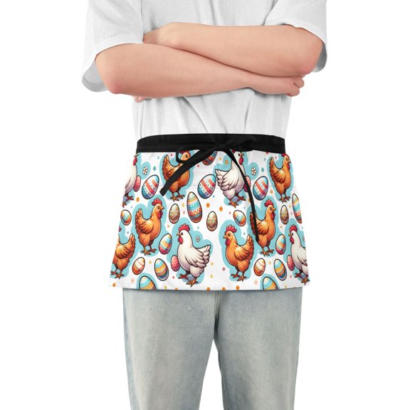 Easter Egg and Chicken Server Apron with 3 Pockets Waterproof Waitress Waist Short Apron for Man Woman 12 Inches