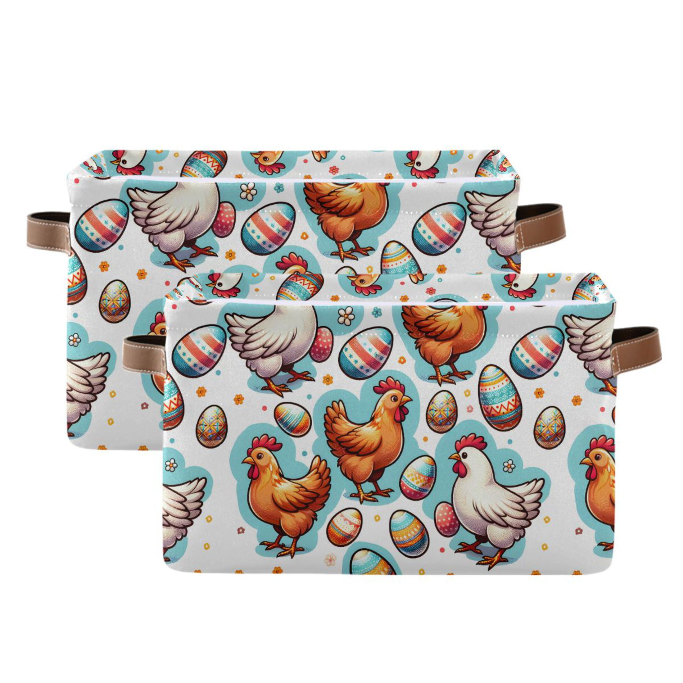 Easter Egg and Chicken Storage Bins with Handle Fabric Organizer Basket Foldable Box 2 Pack 14.2x10.2x8.3