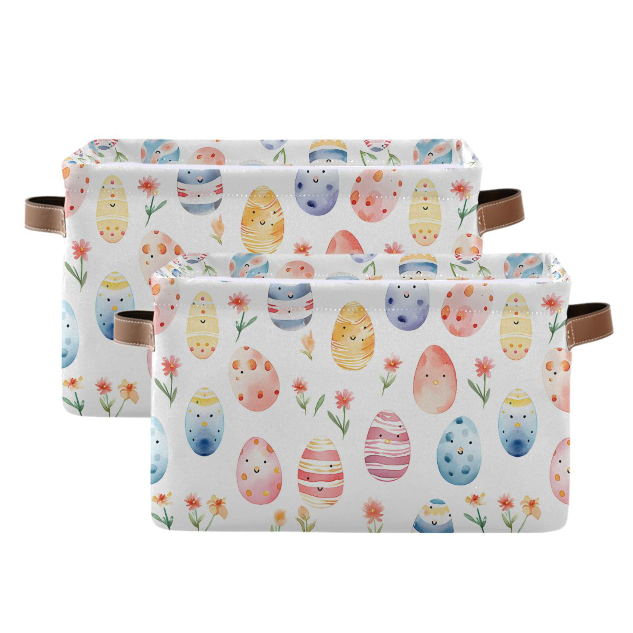 Easter Egg and Flower Storage Bins with Handle Fabric Organizer Basket Foldable Box 2 Pack 14.2x10.2x8.3