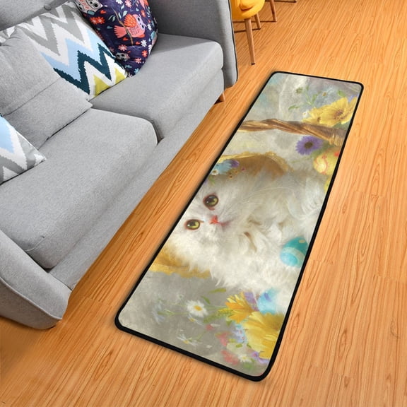 Easter Egg with Cat Hallway Runner Rug 2'X6' Non-Slip Washable Carpet Runner Kitchen Entryway Laundry Bedroom