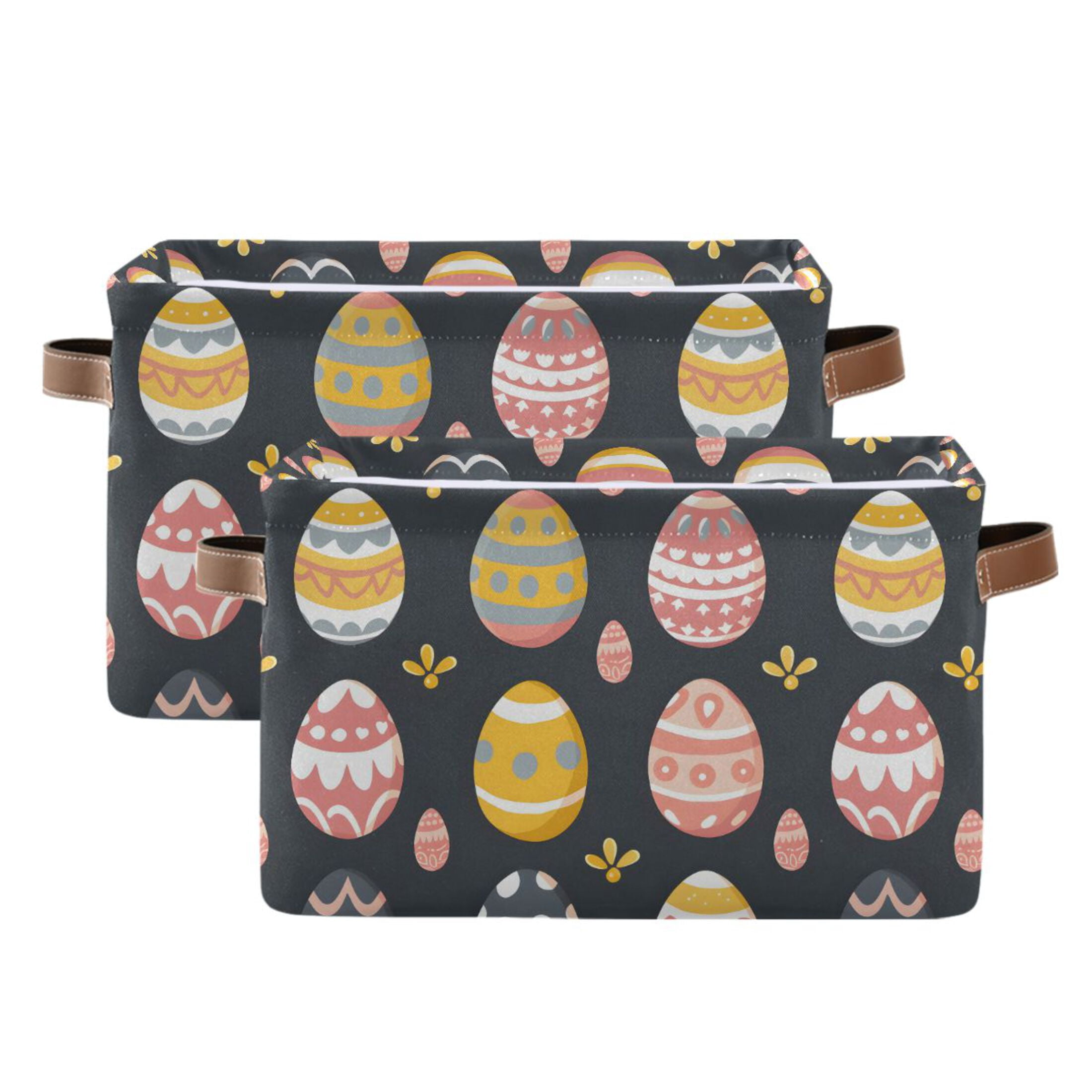 Easter Egg with Grass Storage Bins with Handle Fabric Organizer Basket Foldable Box 2 Pack 14.2x10.2x8.3