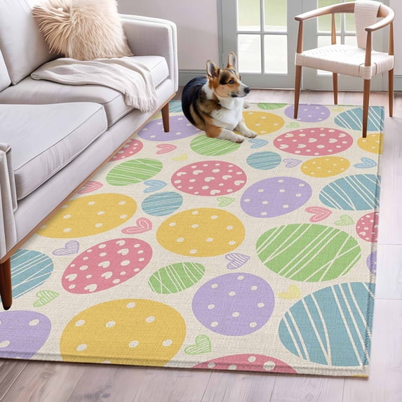 Easter Eggs Area Rugs 3'x5', Washable Small Throw Rugs for Living Room Bedroom, Spring Colorful Pastoral Love Beige Indoor Outdoor Rug Non-Slip Low Pile Carpet Runner Reversible Floor Mats