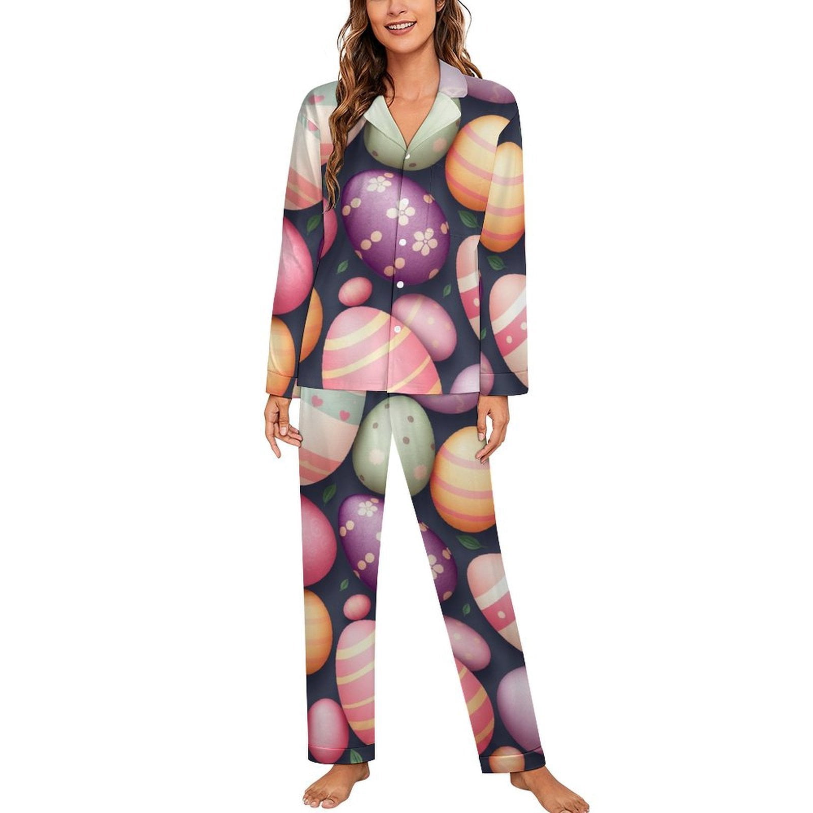 Easter Eggs Background Pajamas Night V Neck Nightwear Lady Two Piece ...