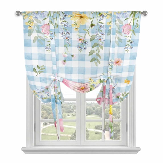 Easter Eggs Balloon Curtains for Bedroom/Front Door/Bathroom, Spring Daisy Eucalyptus Leaves Blue Plaid Tie Up Curtains 63 Inch Length Light Filtering Kitchen Curtains Shades for Windows 46"x63"