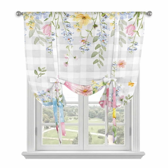 Easter Eggs Balloon Curtains for Living Room/French Door, Spring Daisy Eucalyptus Leaves Gray Plaid Tie Up Curtains 63 Inch Length Energy Saving Kitchen Curtains Shades for Windows 42"x63"
