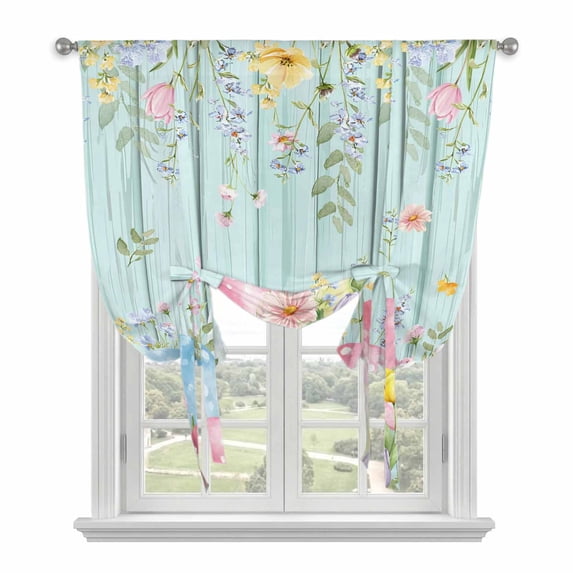 Easter Eggs Balloon Curtains for Living Room/French Door, Spring Daisy Eucalyptus Leaves Teal Wooden Tie Up Curtains 63 Inch Length Energy Saving Kitchen Curtains Shades for Windows 42"x63"