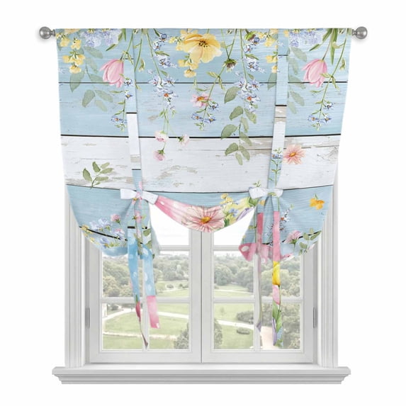 Easter Eggs Balloon Curtains for Windows, Bedroom Curtains 54 Inch Length, Spring Daisy Eucalyptus Leaves Light Blue Wood Tie Up Curtains Panels Thermal Insulated Bathroom Curtains Window 42"x54"