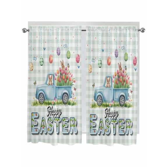 Easter Eggs Bathroom Window Curtain, Tulip Green Plaid Spring Bunny Butterfly Flower Light Filtering Coffee Kitchen Curtains, Bedroom Living Room Curtains 2 Panel 84"x63"