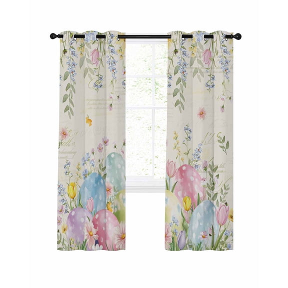 Easter Eggs Blackout Curtains for Bedroom Living Room, Spring Colorful Eggs Floral Leaf Beige Background 45 In Long Thermal Insulated Room Darkening Drapes Grommet Window Treatments, 42 x 45 In