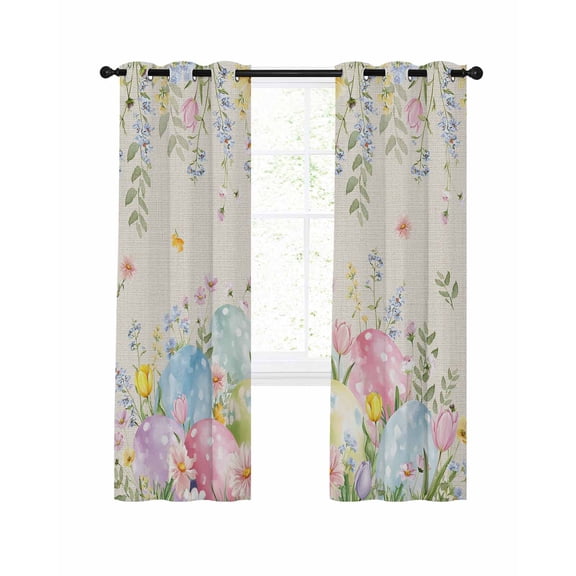 Easter Eggs Blackout Curtains for Bedroom Living Room, Spring Colorful Eggs Floral Leaf Linen Texture 45 In Long Thermal Insulated Room Darkening Drapes Grommet Window Treatments, 42 x 45 In