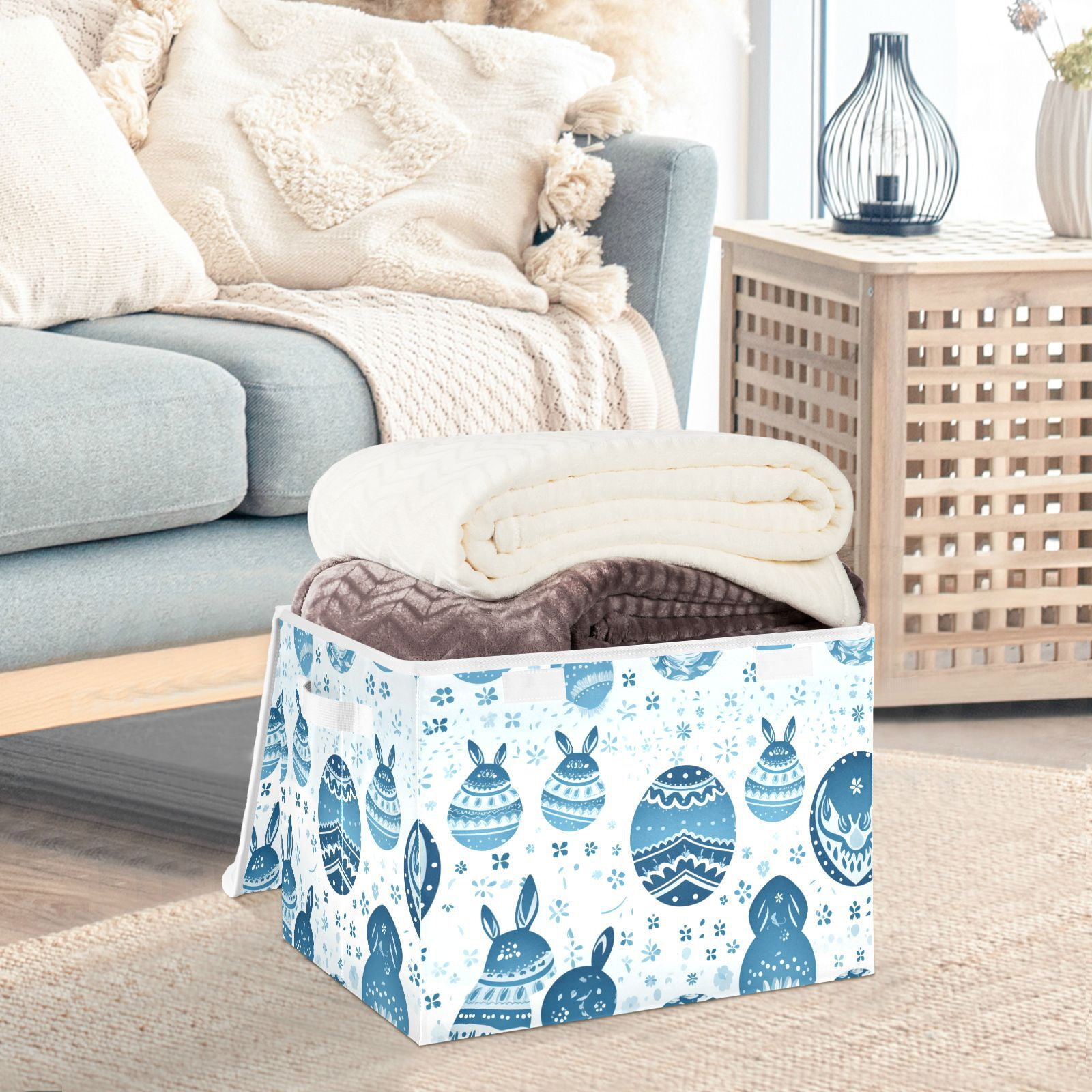 Easter Eggs Boho Storage Basket Foldable Laundry Basket Shelf Kids Toy Storage Container Organizer with Handles