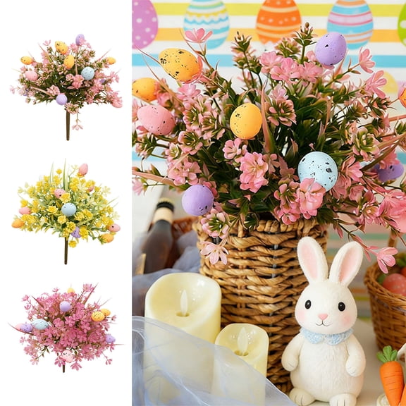Easter Eggs Bouquet Floral Arrangement, Festive Tabletop Floral Display for Easter Decor, Egg Accents with Artificial Flowers, Perfect for Adding Easter Festivity to Indoor Spaces, 12.6in, Yellow