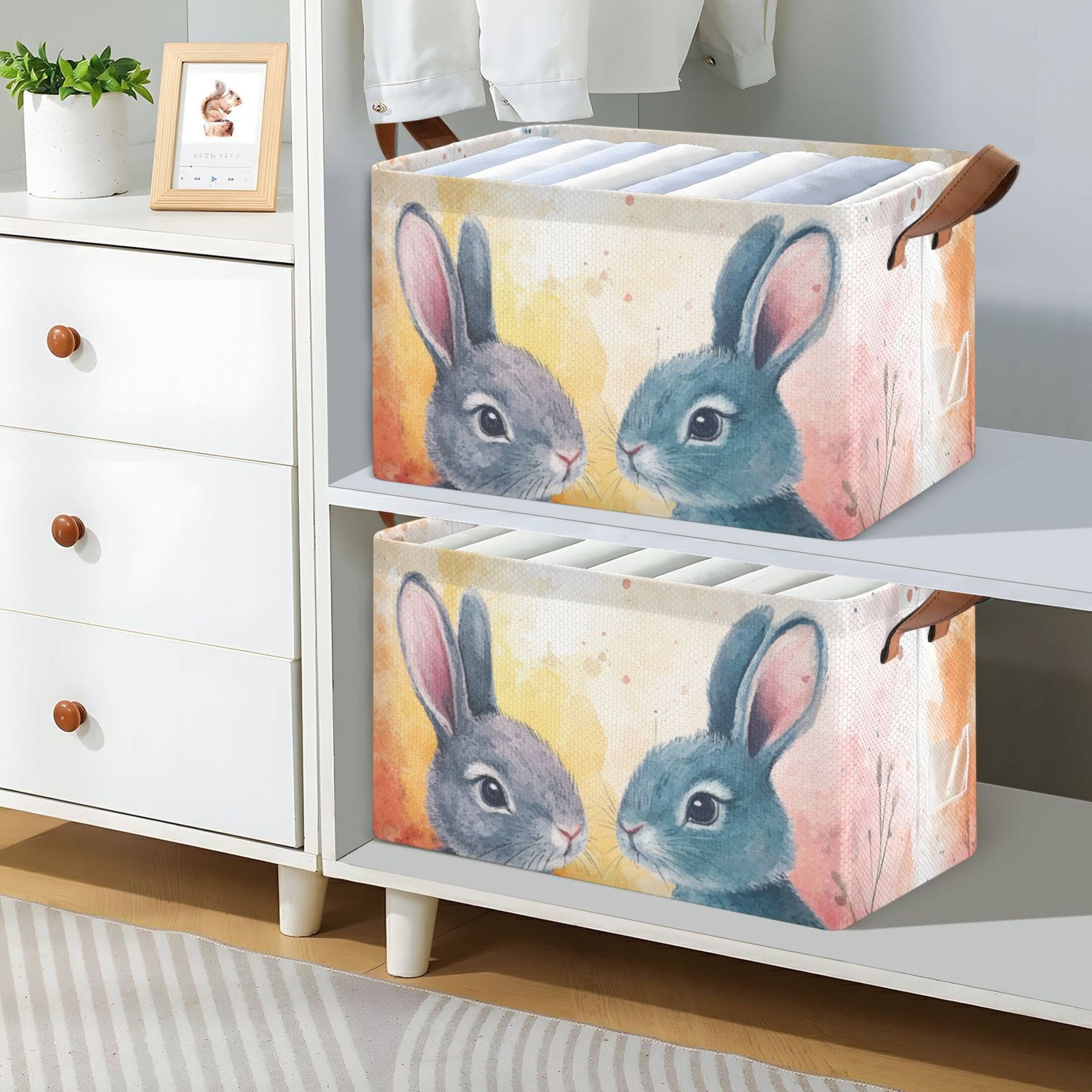 Easter Eggs Bunnies Leaves Foldable Storage Large Fabric Storage Baskets Organizer Storage Bins with Handles for Shelves