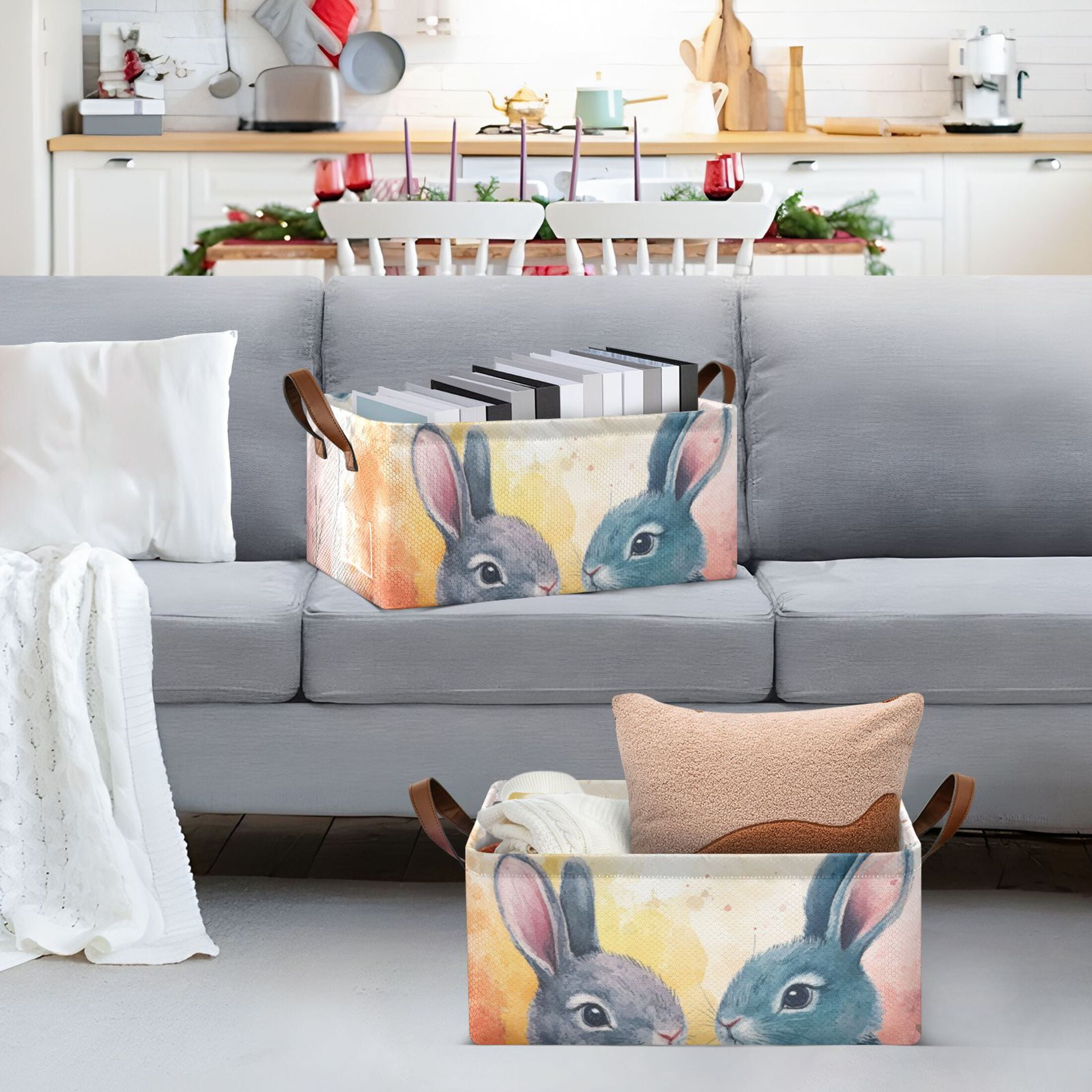 Easter Eggs Bunnies Leaves Storage Bins with Handles Foldable Storage Baskets for Shelves Organizer Cloth Baskets