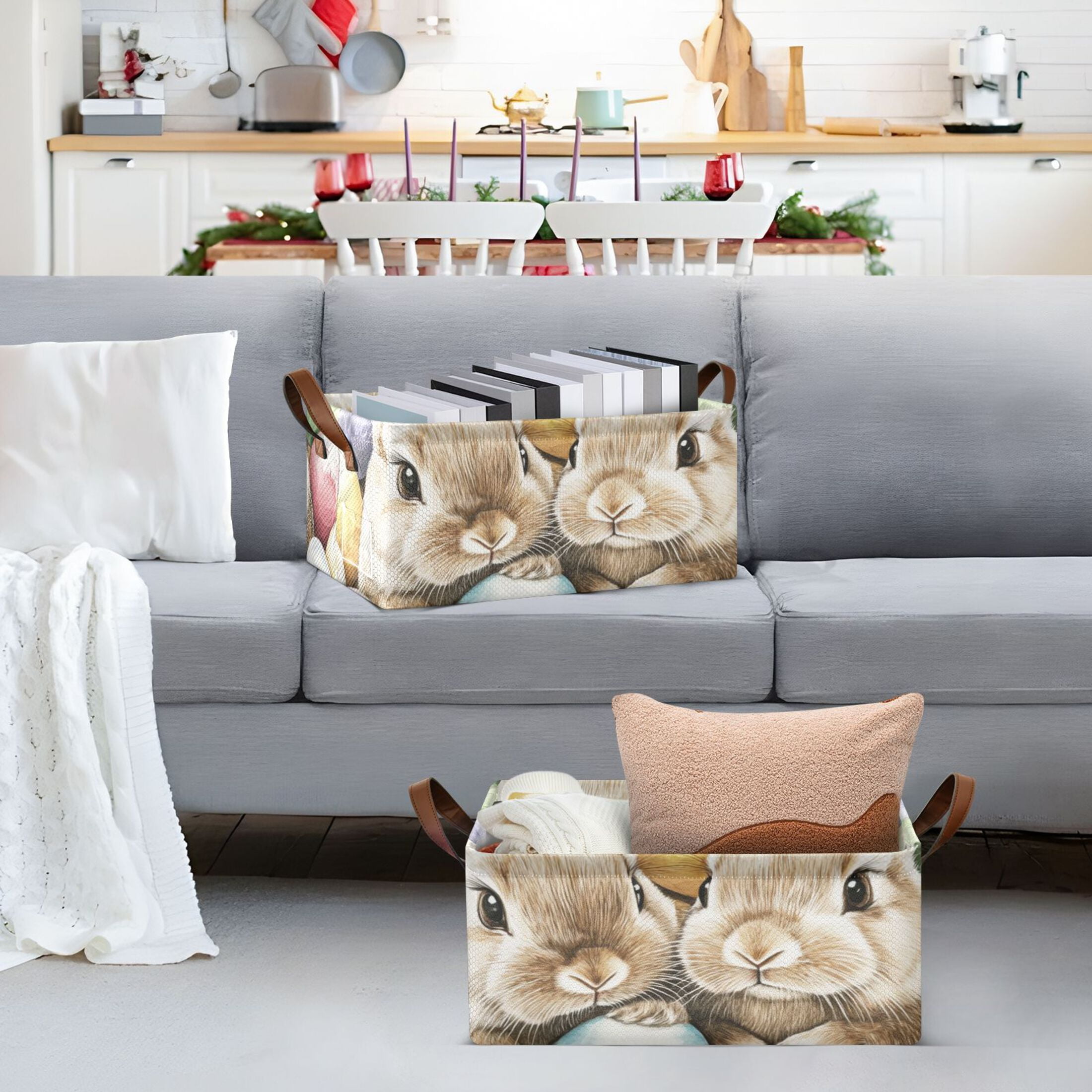 Easter Eggs Bunnies Storage Bins with Handles Foldable Storage Baskets for Shelves Organizer Cloth Baskets