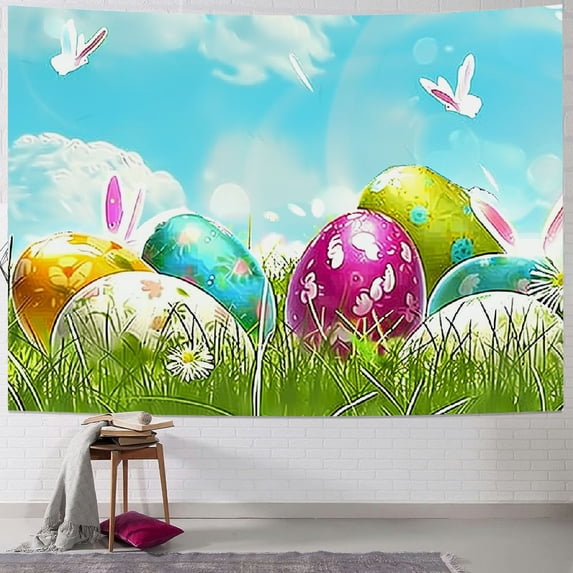 Easter Eggs Bunny Ears Tapestry Grass Green Tulips Tapestry Wall Hanging For Bedroom Living Room Dorm Home Decor Colorful