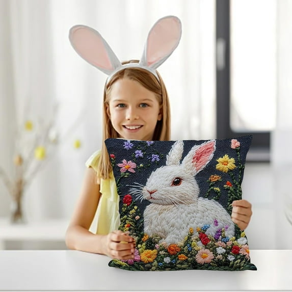 Easter Eggs Bunny Flower Throw Pillow Cover - 18 x 18 in Easter Spring Decoration, Wildflowers Butterfly Cushion Case Decoration for Bedroom Sofa Couch