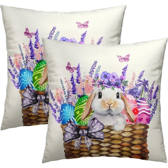 Easter Eggs Bunny Pillow Covers 20x20 Inch Set of 2, Cute Rabbit Purple Floral Basket Outdoor Pillowcases Cotton Square Cushion Covers for Sofa Couch Bedroom Living Room Decor