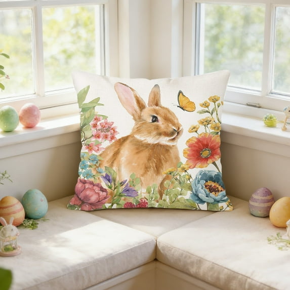 Easter Eggs Bunny Throw Pillow Cover - 18 x 18 in Easter Spring Decoration, Wildflowers Butterfly Cushion Case Decoration for Bedroom Sofa Couch