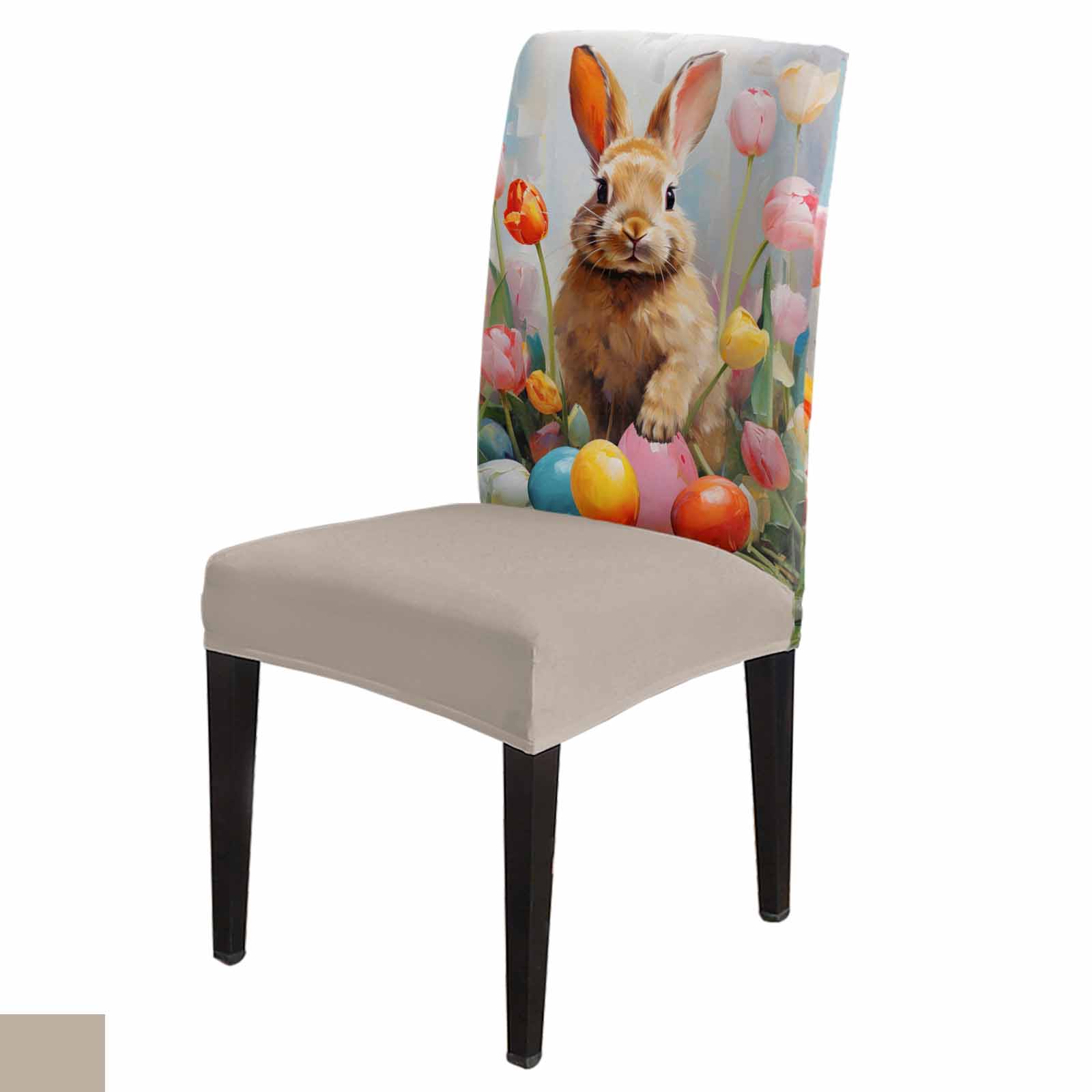 Easter Eggs Bunny Watercolor Flowers Stretch Chair Cover for Dining